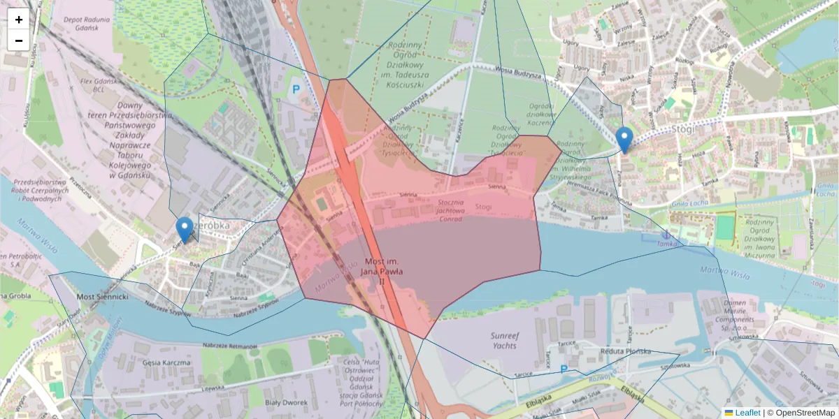 Szczegółowa mapa kodu pocztowego 80-605 z granicami, sąsiednimi kodami pocztowymi i urzędami pocztowymi