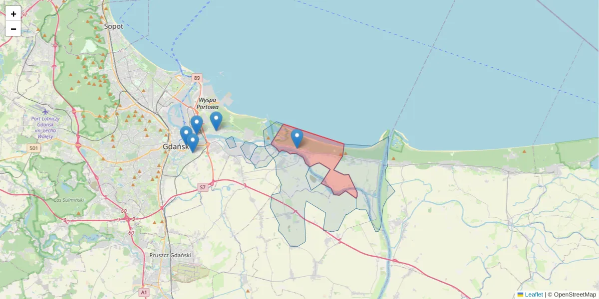 Szczegółowa mapa kodu pocztowego 80-680 z granicami, sąsiednimi kodami pocztowymi i urzędami pocztowymi