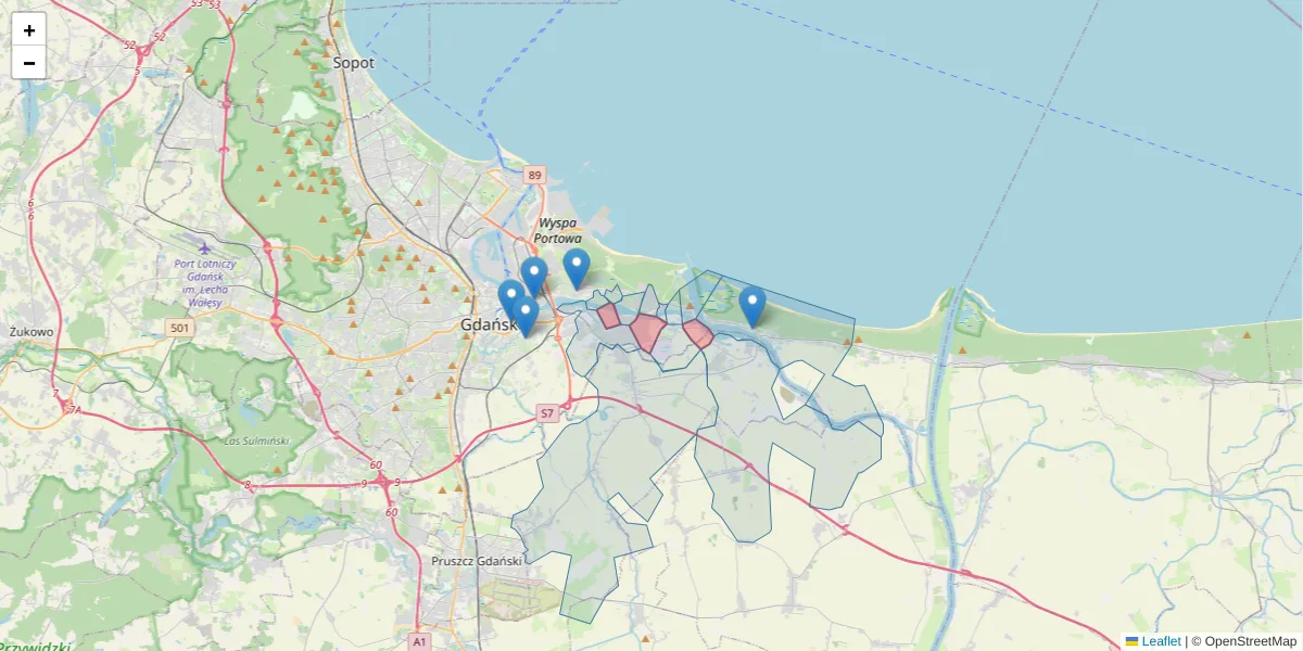 Szczegółowa mapa kodu pocztowego 80-711 z granicami, sąsiednimi kodami pocztowymi i urzędami pocztowymi