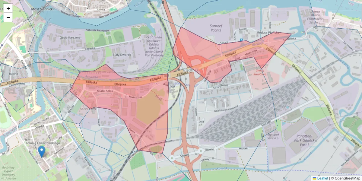 Szczegółowa mapa kodu pocztowego 80-717 z granicami, sąsiednimi kodami pocztowymi i urzędami pocztowymi