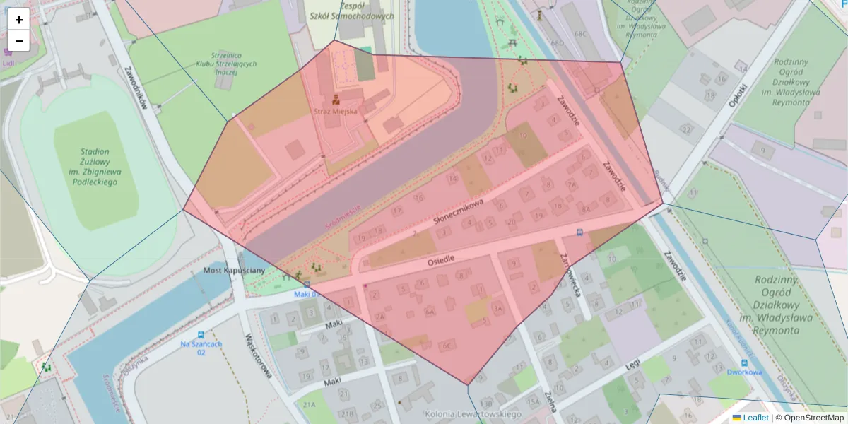 Szczegółowa mapa kodu pocztowego 80-725 z granicami, sąsiednimi kodami pocztowymi i urzędami pocztowymi