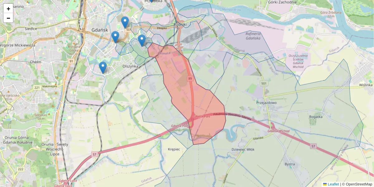 Szczegółowa mapa kodu pocztowego 80-726 z granicami, sąsiednimi kodami pocztowymi i urzędami pocztowymi