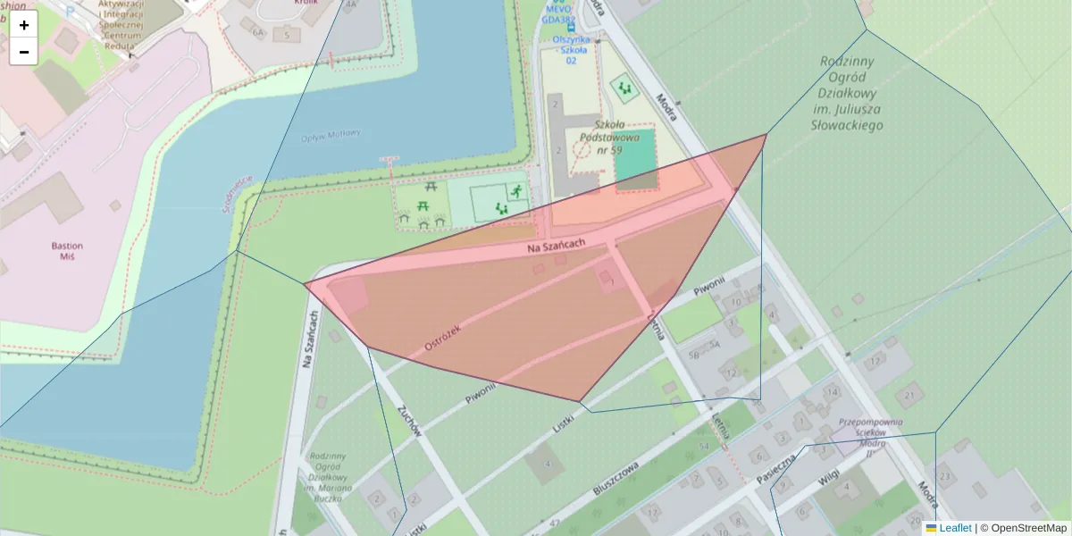 Szczegółowa mapa kodu pocztowego 80-737 z granicami, sąsiednimi kodami pocztowymi i urzędami pocztowymi