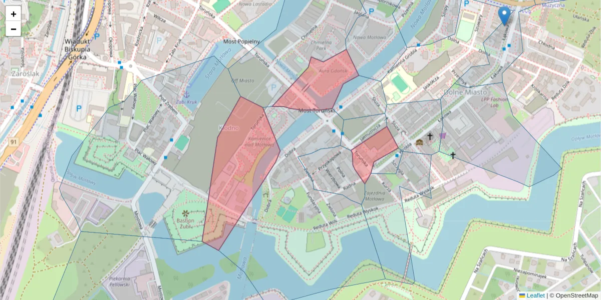 Szczegółowa mapa kodu pocztowego 80-747 z granicami, sąsiednimi kodami pocztowymi i urzędami pocztowymi