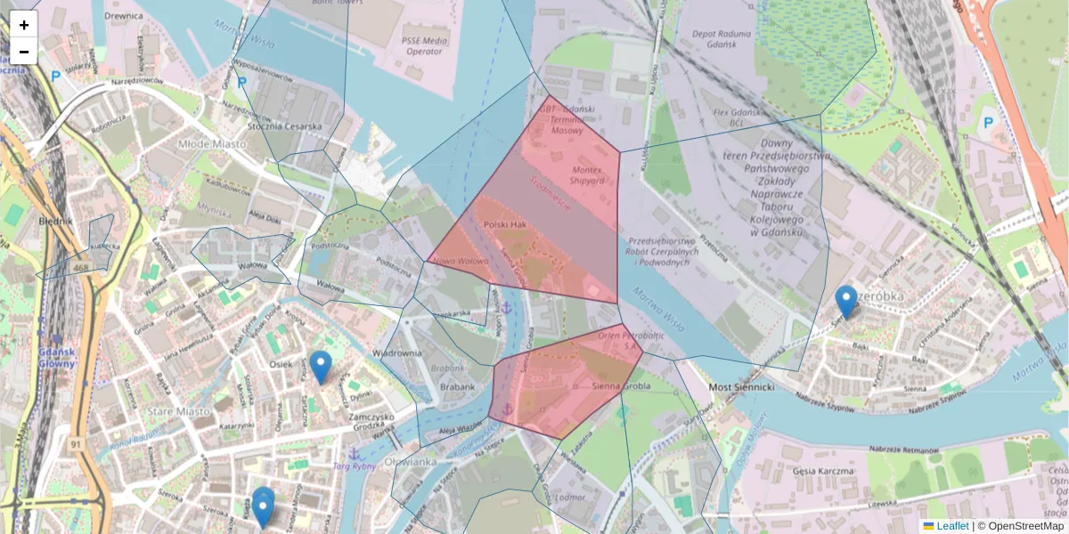 Szczegółowa mapa kodu pocztowego 80-760 z granicami, sąsiednimi kodami pocztowymi i urzędami pocztowymi
