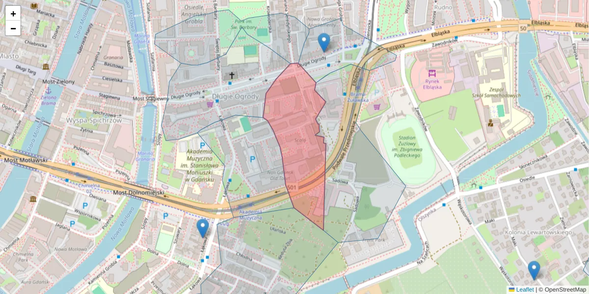 Szczegółowa mapa kodu pocztowego 80-765 z granicami, sąsiednimi kodami pocztowymi i urzędami pocztowymi