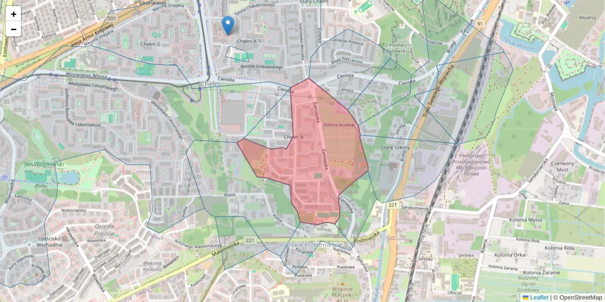 Szczegółowa mapa kodu pocztowego 80-766 z granicami, sąsiednimi kodami pocztowymi i urzędami pocztowymi