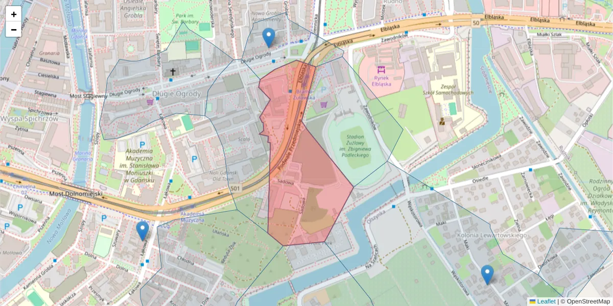 Szczegółowa mapa kodu pocztowego 80-771 z granicami, sąsiednimi kodami pocztowymi i urzędami pocztowymi