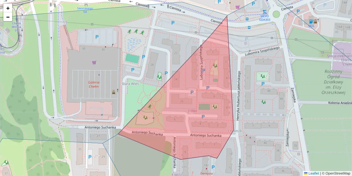 Szczegółowa mapa kodu pocztowego 80-772 z granicami, sąsiednimi kodami pocztowymi i urzędami pocztowymi