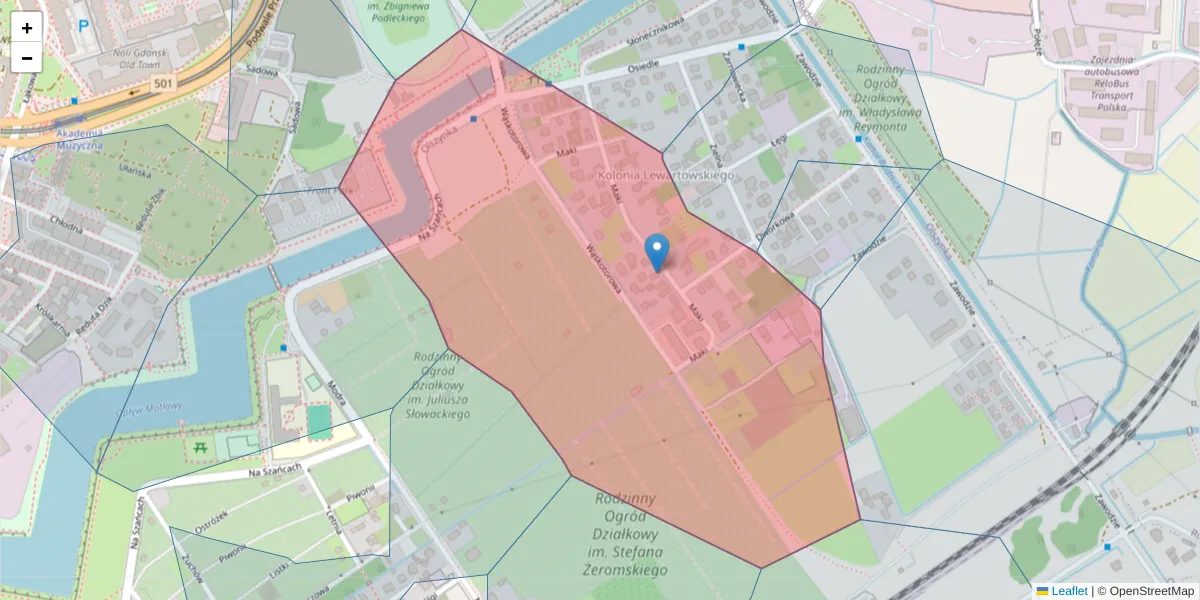 Szczegółowa mapa kodu pocztowego 80-774 z granicami, sąsiednimi kodami pocztowymi i urzędami pocztowymi