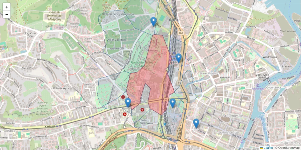 Szczegółowa mapa kodu pocztowego 80-802 z granicami, sąsiednimi kodami pocztowymi i urzędami pocztowymi