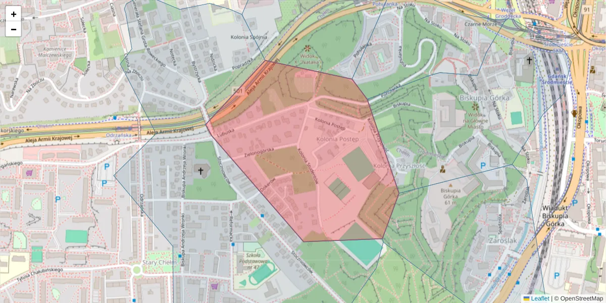 Szczegółowa mapa kodu pocztowego 80-812 z granicami, sąsiednimi kodami pocztowymi i urzędami pocztowymi