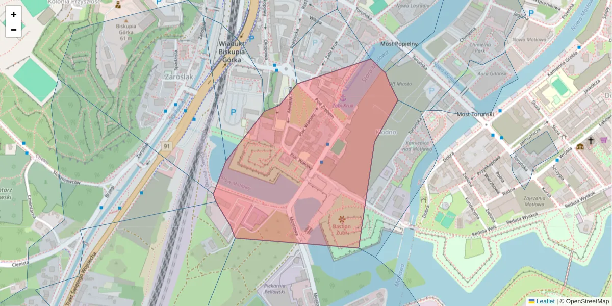 Szczegółowa mapa kodu pocztowego 80-821 z granicami, sąsiednimi kodami pocztowymi i urzędami pocztowymi