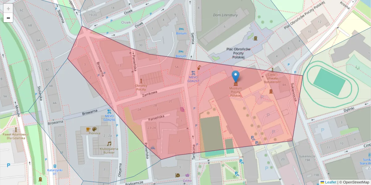 Szczegółowa mapa kodu pocztowego 80-842 z granicami, sąsiednimi kodami pocztowymi i urzędami pocztowymi
