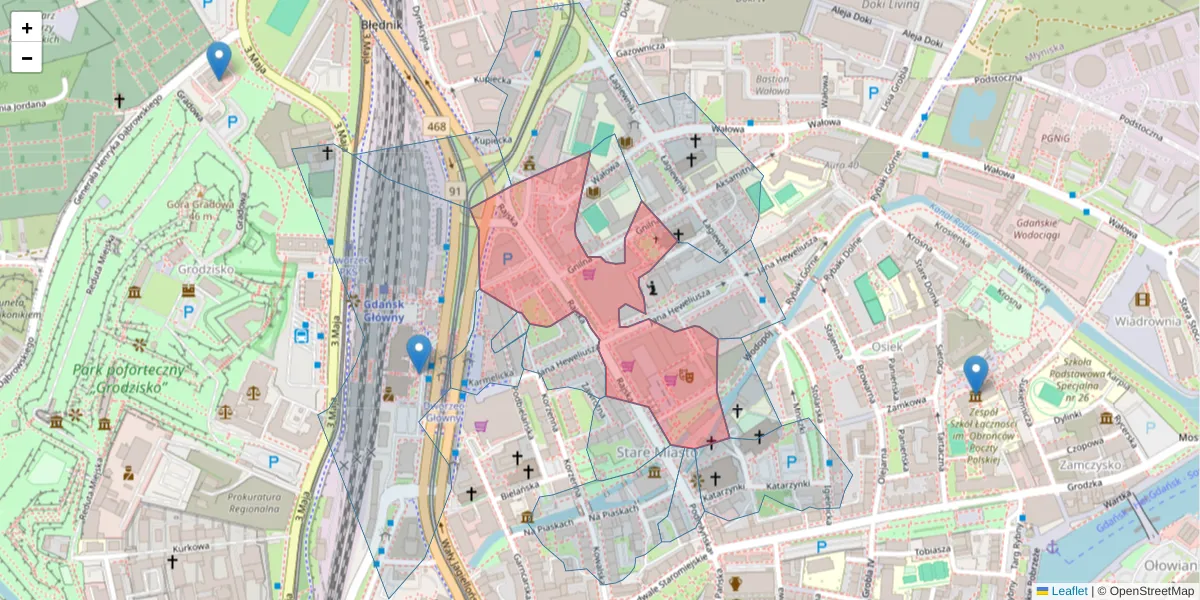 Szczegółowa mapa kodu pocztowego 80-850 z granicami, sąsiednimi kodami pocztowymi i urzędami pocztowymi