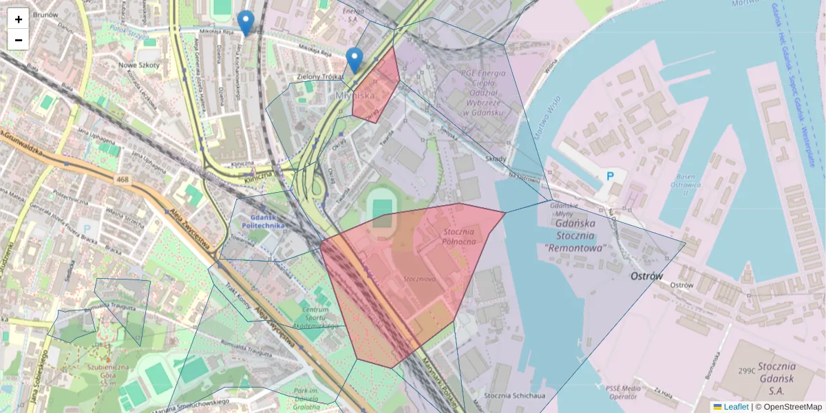 Szczegółowa mapa kodu pocztowego 80-868 z granicami, sąsiednimi kodami pocztowymi i urzędami pocztowymi