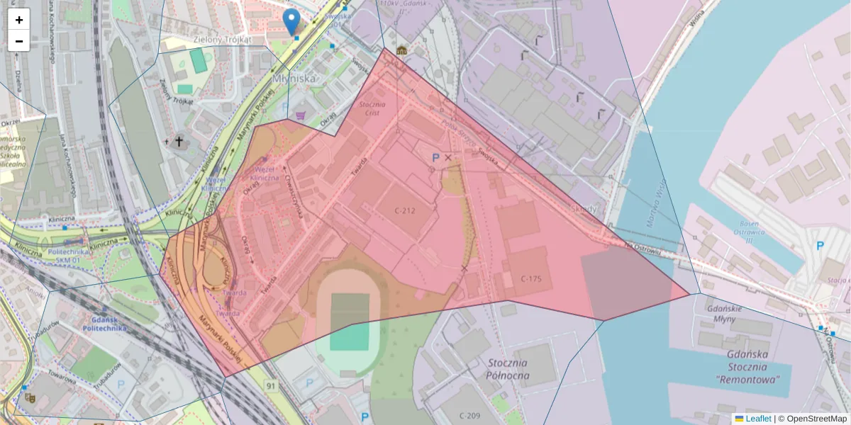Szczegółowa mapa kodu pocztowego 80-871 z granicami, sąsiednimi kodami pocztowymi i urzędami pocztowymi