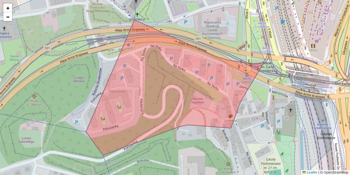Szczegółowa mapa kodu pocztowego 80-874 z granicami, sąsiednimi kodami pocztowymi i urzędami pocztowymi