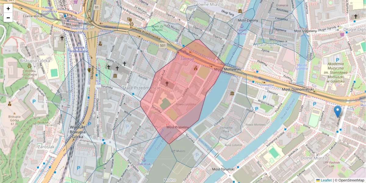 Szczegółowa mapa kodu pocztowego 80-880 z granicami, sąsiednimi kodami pocztowymi i urzędami pocztowymi
