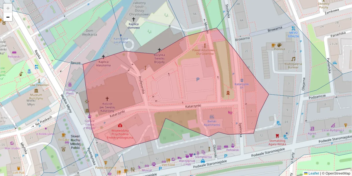 Szczegółowa mapa kodu pocztowego 80-884 z granicami, sąsiednimi kodami pocztowymi i urzędami pocztowymi