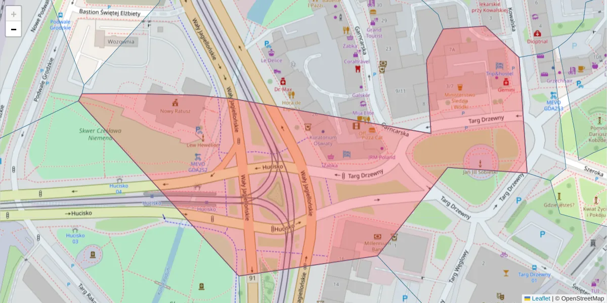Szczegółowa mapa kodu pocztowego 80-886 z granicami, sąsiednimi kodami pocztowymi i urzędami pocztowymi