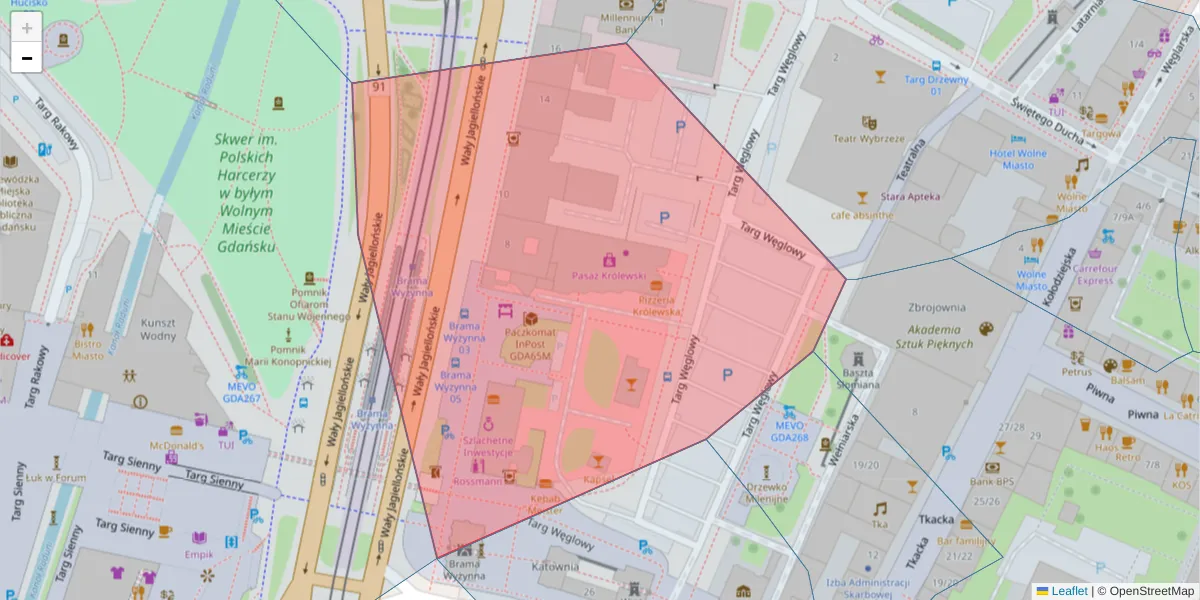 Szczegółowa mapa kodu pocztowego 80-887 z granicami, sąsiednimi kodami pocztowymi i urzędami pocztowymi