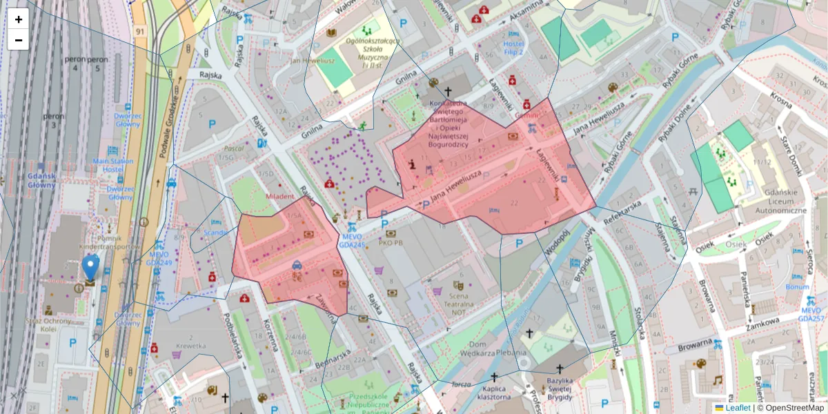 Szczegółowa mapa kodu pocztowego 80-890 z granicami, sąsiednimi kodami pocztowymi i urzędami pocztowymi
