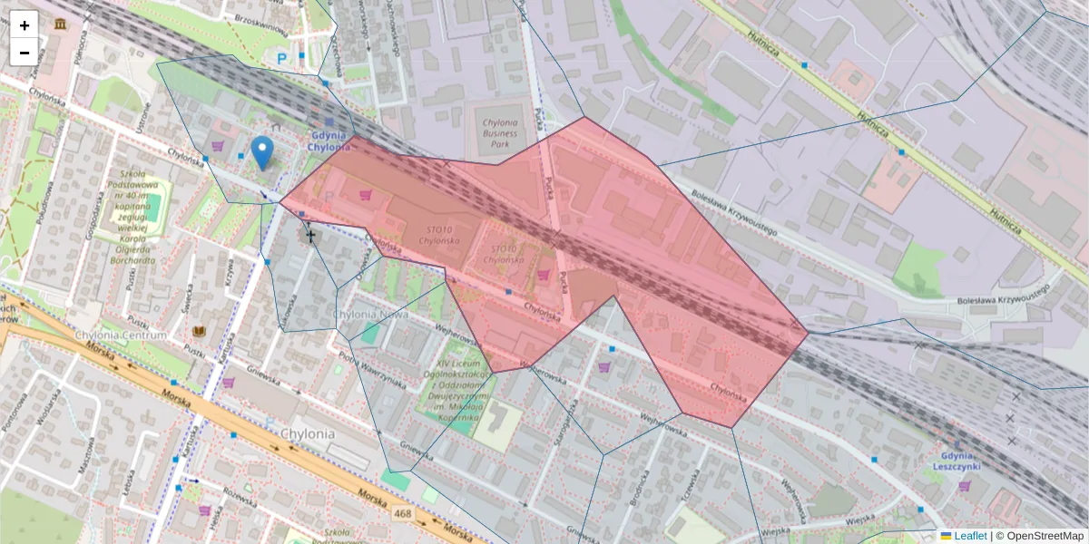 Szczegółowa mapa kodu pocztowego 81-033 z granicami, sąsiednimi kodami pocztowymi i urzędami pocztowymi
