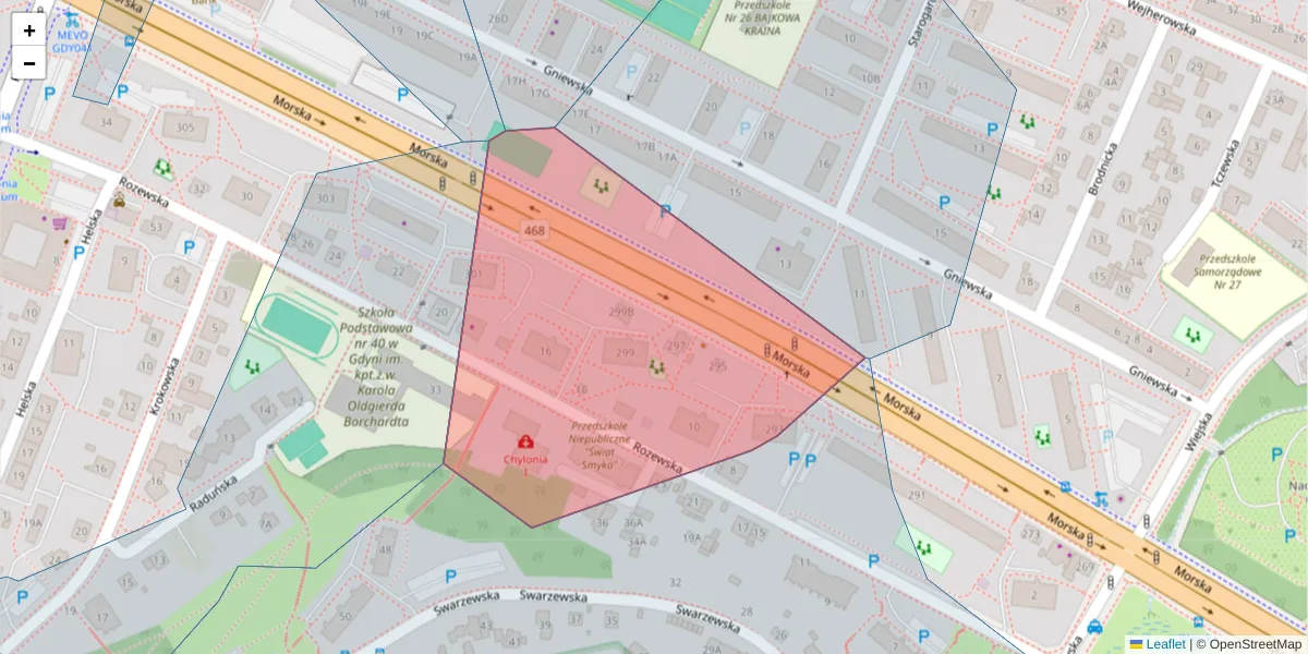 Szczegółowa mapa kodu pocztowego 81-055 z granicami, sąsiednimi kodami pocztowymi i urzędami pocztowymi
