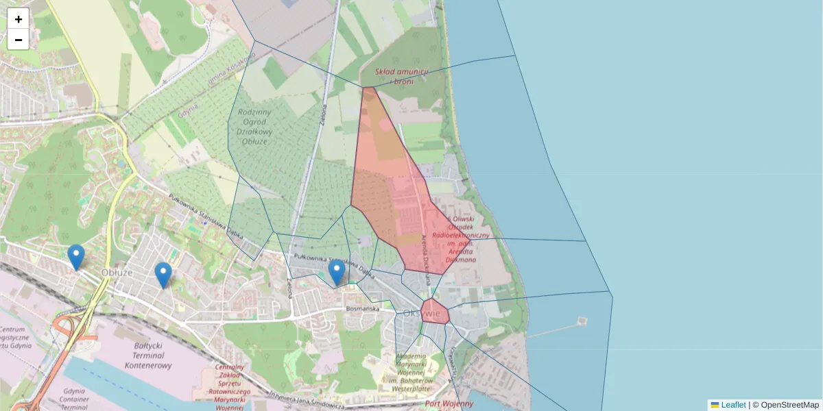 Szczegółowa mapa kodu pocztowego 81-109 z granicami, sąsiednimi kodami pocztowymi i urzędami pocztowymi