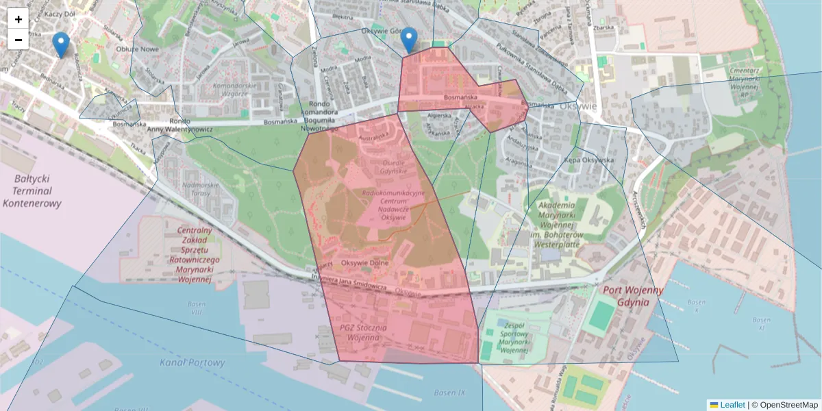 Szczegółowa mapa kodu pocztowego 81-116 z granicami, sąsiednimi kodami pocztowymi i urzędami pocztowymi