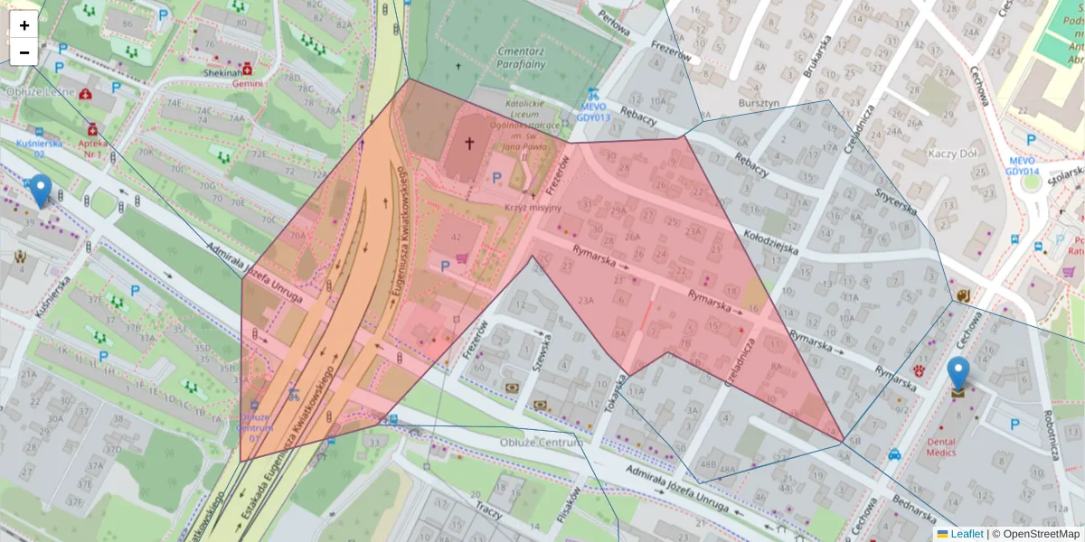Szczegółowa mapa kodu pocztowego 81-168 z granicami, sąsiednimi kodami pocztowymi i urzędami pocztowymi