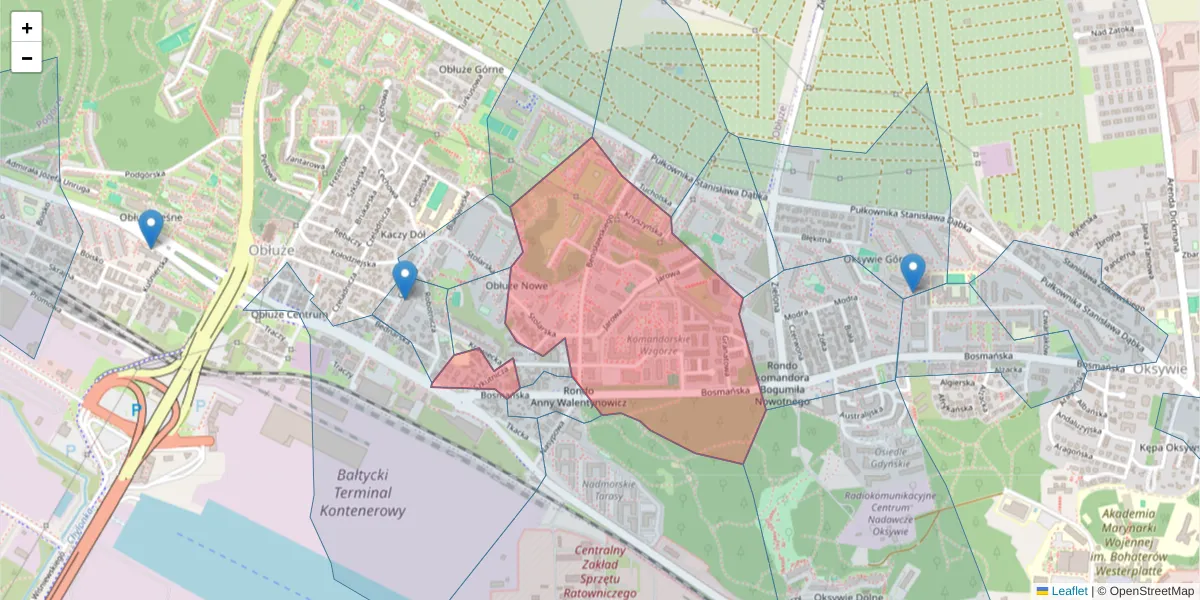 Szczegółowa mapa kodu pocztowego 81-173 z granicami, sąsiednimi kodami pocztowymi i urzędami pocztowymi