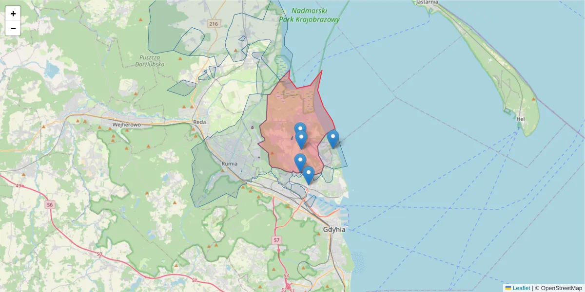Szczegółowa mapa kodu pocztowego 81-198 z granicami, sąsiednimi kodami pocztowymi i urzędami pocztowymi