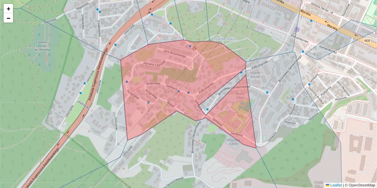Szczegółowa mapa kodu pocztowego 81-201 z granicami, sąsiednimi kodami pocztowymi i urzędami pocztowymi