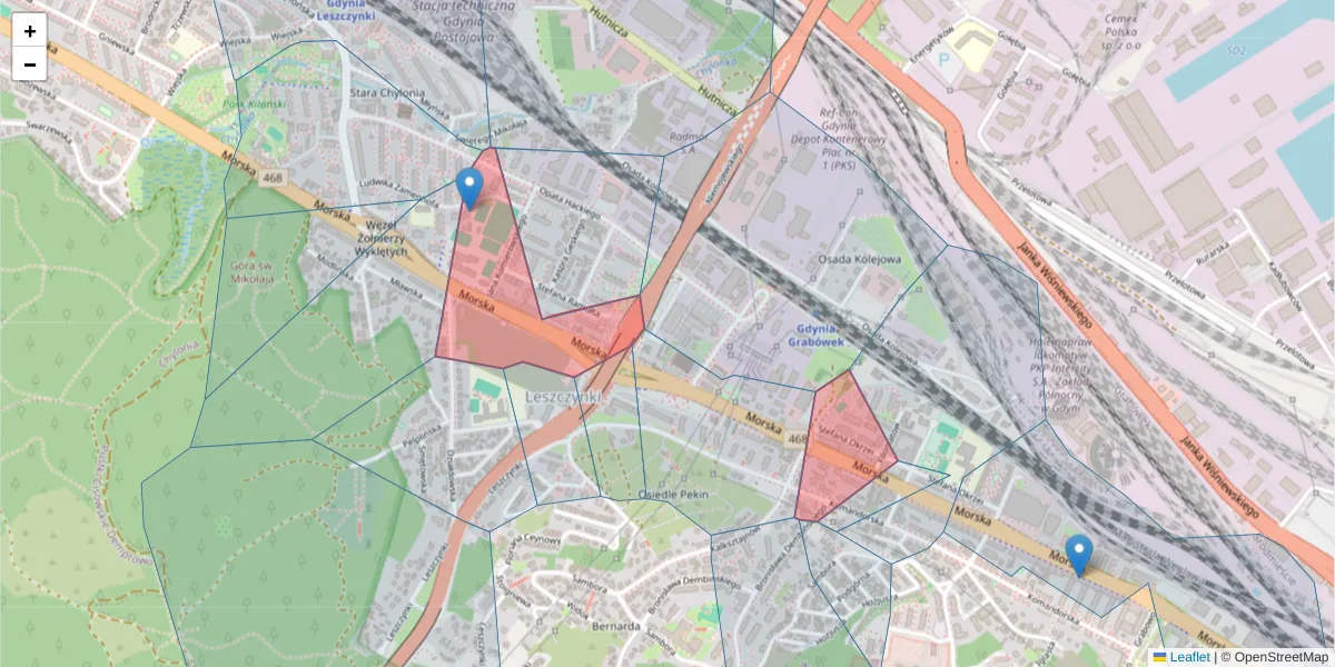 Szczegółowa mapa kodu pocztowego 81-225 z granicami, sąsiednimi kodami pocztowymi i urzędami pocztowymi