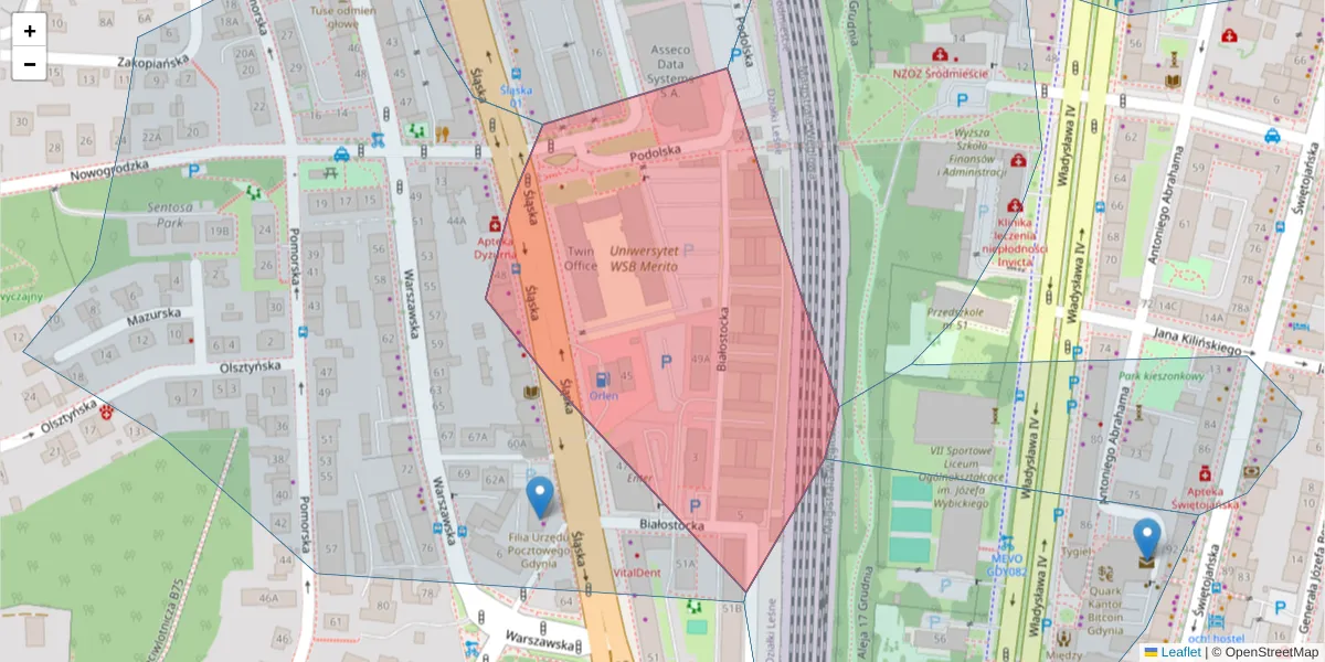 Szczegółowa mapa kodu pocztowego 81-310 z granicami, sąsiednimi kodami pocztowymi i urzędami pocztowymi