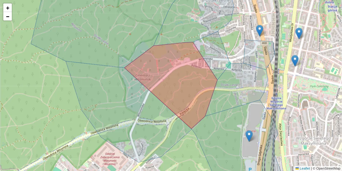 Szczegółowa mapa kodu pocztowego 81-322 z granicami, sąsiednimi kodami pocztowymi i urzędami pocztowymi