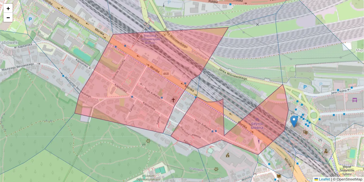 Szczegółowa mapa kodu pocztowego 81-323 z granicami, sąsiednimi kodami pocztowymi i urzędami pocztowymi