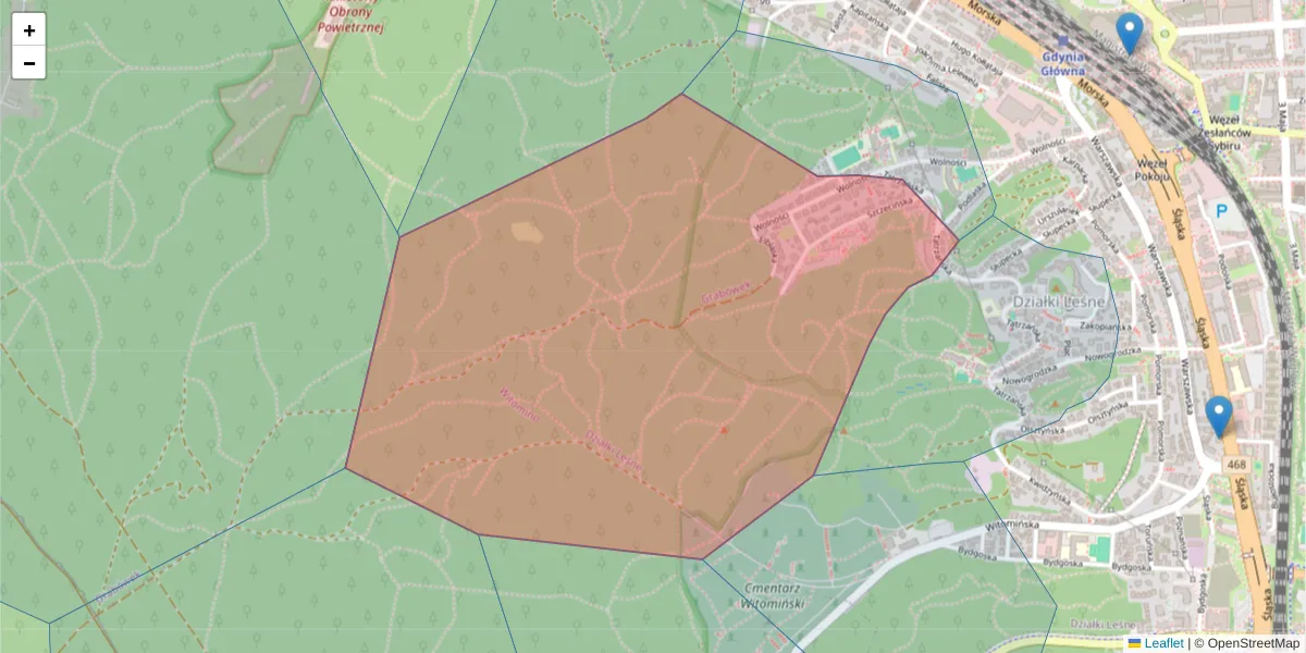Szczegółowa mapa kodu pocztowego 81-326 z granicami, sąsiednimi kodami pocztowymi i urzędami pocztowymi
