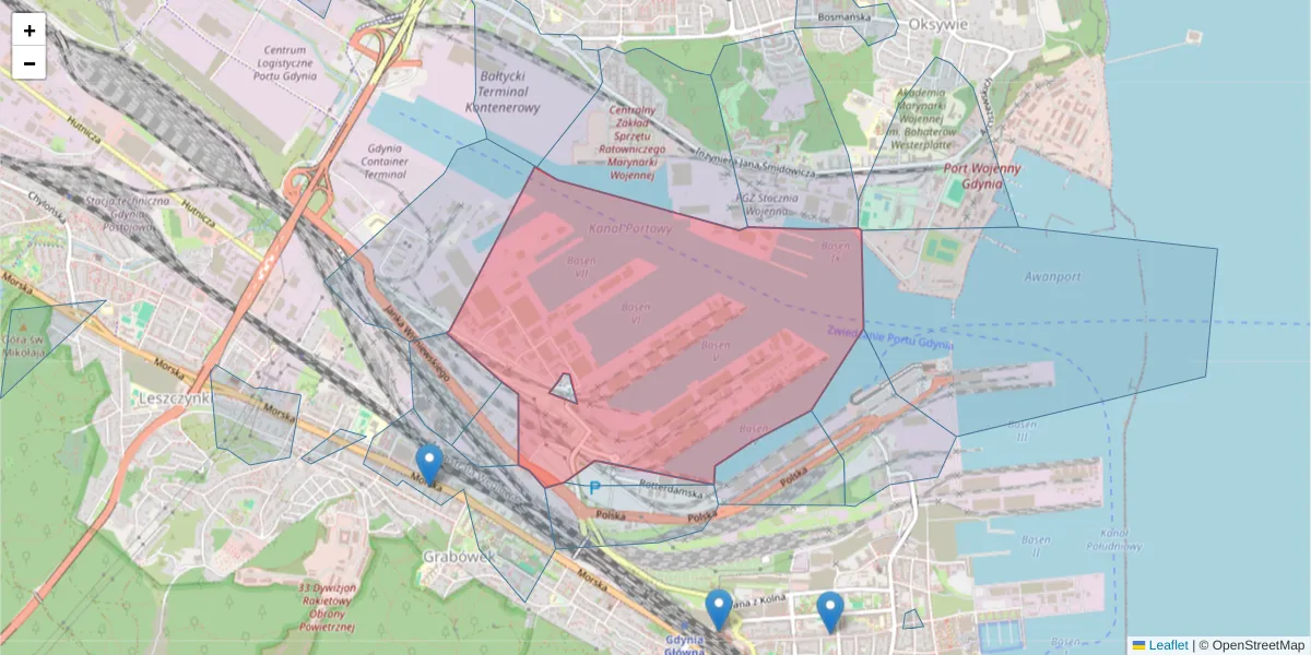 Szczegółowa mapa kodu pocztowego 81-336 z granicami, sąsiednimi kodami pocztowymi i urzędami pocztowymi