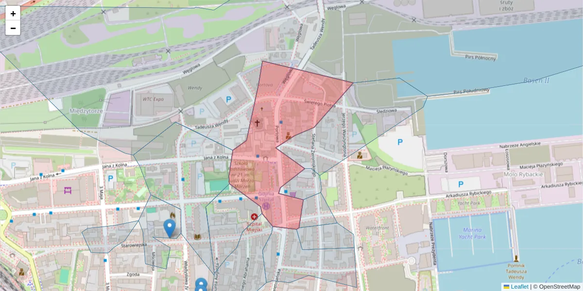 Szczegółowa mapa kodu pocztowego 81-350 z granicami, sąsiednimi kodami pocztowymi i urzędami pocztowymi