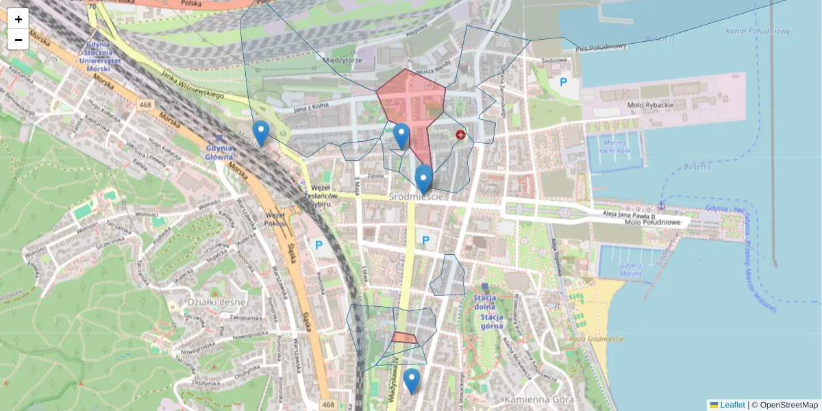 Szczegółowa mapa kodu pocztowego 81-353 z granicami, sąsiednimi kodami pocztowymi i urzędami pocztowymi