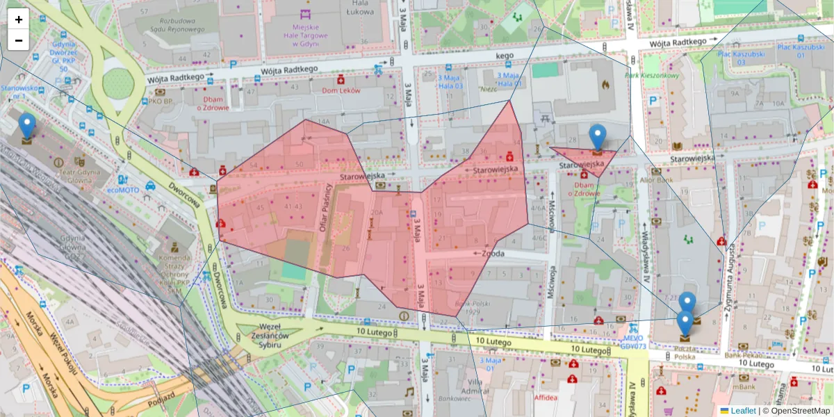 Szczegółowa mapa kodu pocztowego 81-363 z granicami, sąsiednimi kodami pocztowymi i urzędami pocztowymi