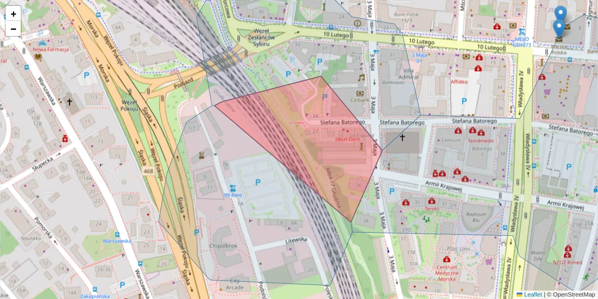 Szczegółowa mapa kodu pocztowego 81-365 z granicami, sąsiednimi kodami pocztowymi i urzędami pocztowymi