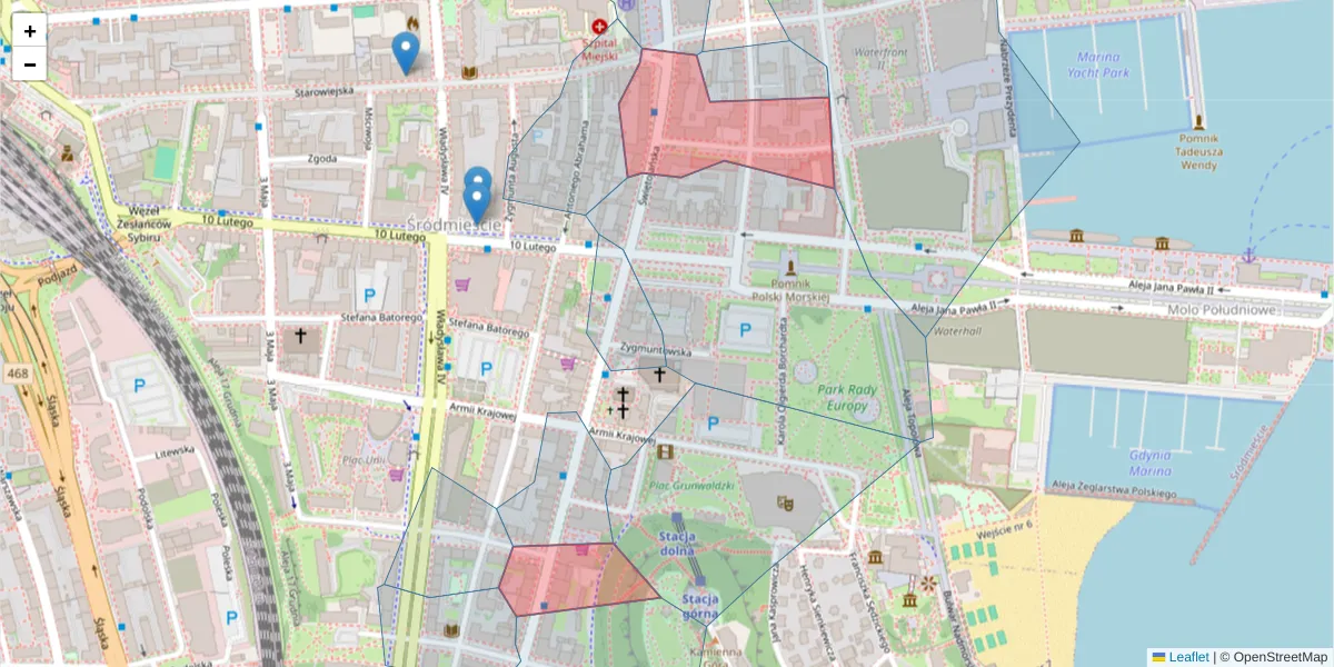 Szczegółowa mapa kodu pocztowego 81-368 z granicami, sąsiednimi kodami pocztowymi i urzędami pocztowymi