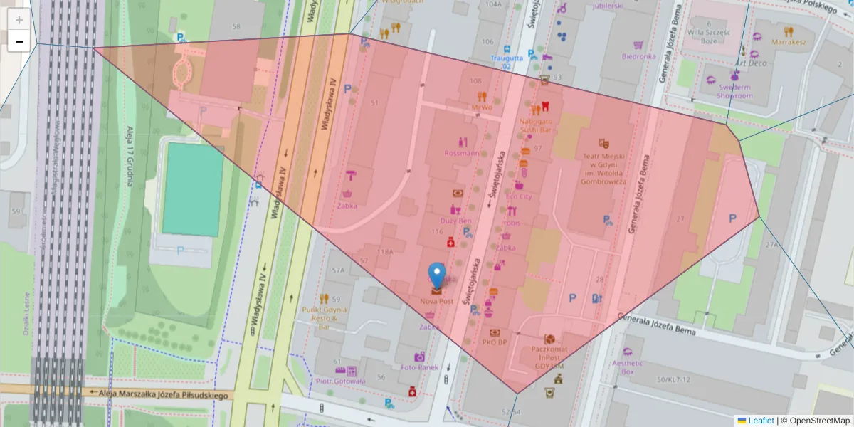 Szczegółowa mapa kodu pocztowego 81-381 z granicami, sąsiednimi kodami pocztowymi i urzędami pocztowymi