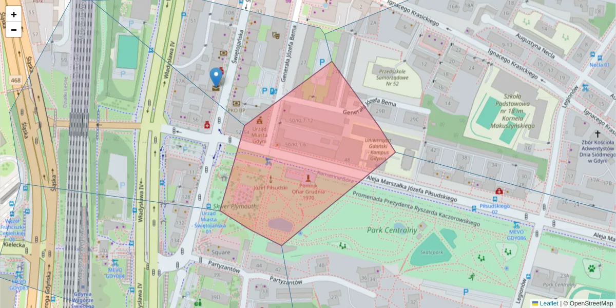 Szczegółowa mapa kodu pocztowego 81-382 z granicami, sąsiednimi kodami pocztowymi i urzędami pocztowymi