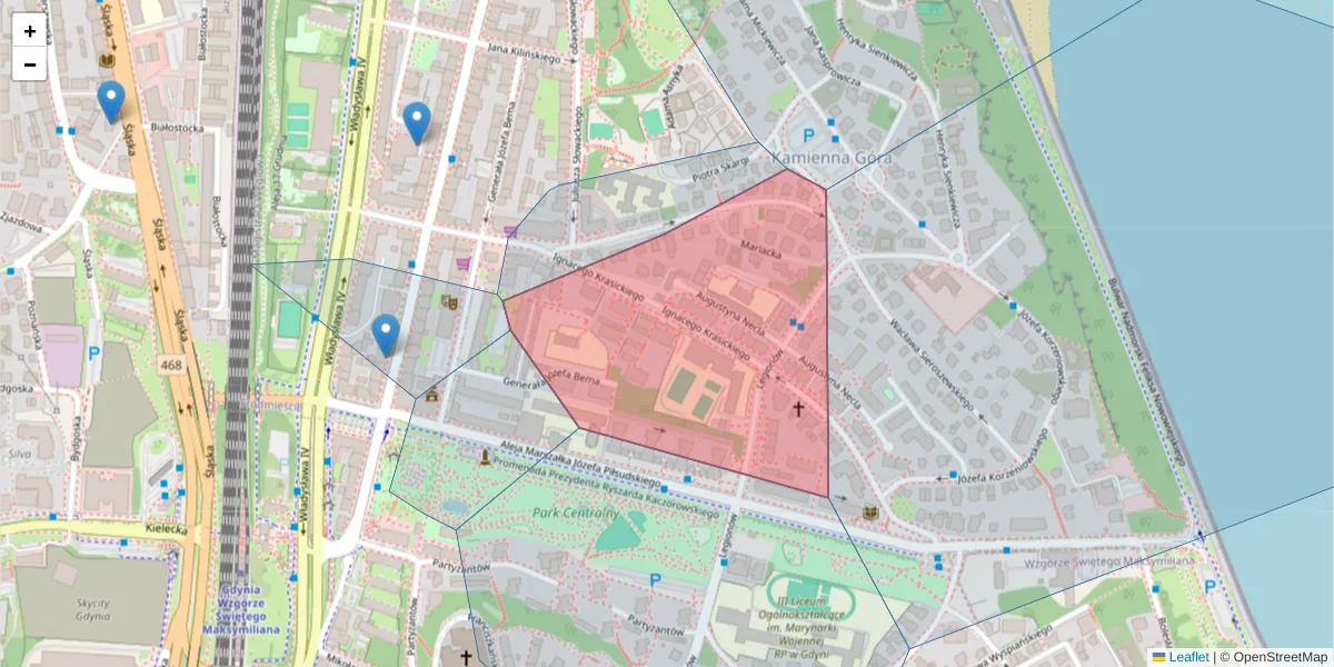 Szczegółowa mapa kodu pocztowego 81-385 z granicami, sąsiednimi kodami pocztowymi i urzędami pocztowymi