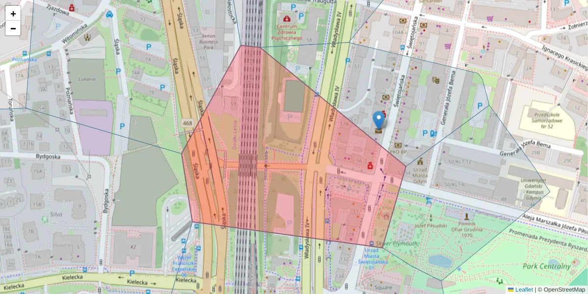 Szczegółowa mapa kodu pocztowego 81-388 z granicami, sąsiednimi kodami pocztowymi i urzędami pocztowymi